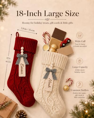 houscly 18 Inches Personalized Christmas Stockings: 4 Pack Red Ivory Knit Christmas Stockings Set with Name Tags Christmas Decor Neutral Xmas Decorations Holiday Farmhouse Indoor Rustic Home Decor - Image 3