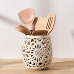 Farmhouse Kitchen Utensil Holder for Kitchen Counter, Ceramic Large Cooking Utensil Crock with Cork Mat, Countertop Cooking Tool Spatula Organizer, Beige Antique Design by JHJIEMEIHOME