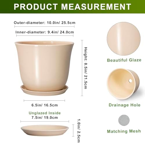 Ceramic Planter, 10 Inch Plant Pot for Indoor Plants, Beige - Image 2