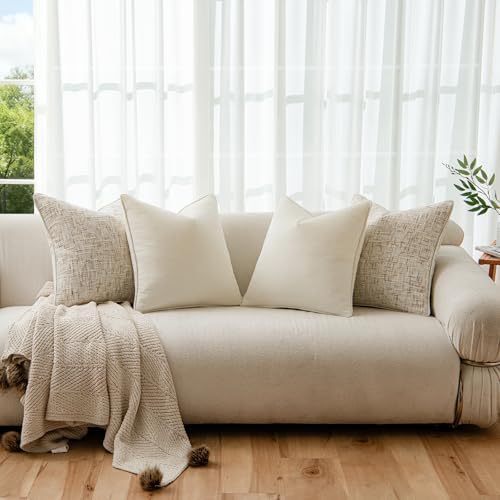 a moment Beige 4 Pack Throw Pillow Covers - Chenille & Velvet Set with Piping, Farmhouse Textured Design Pillow Cases for Couch Sofa Bed Livingroom (22x22 Inch, No Insert) - Image 4