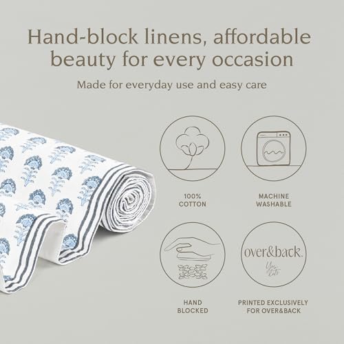 Over&Back 18x90 Hand-Blocked Printed Cotton Table Runner - Washable Table Runners for a Custom Home Decor Tablescape - Perfect for Coffee Table, Dinner Table, Living Room, and More - Blue Flower - Image 2
