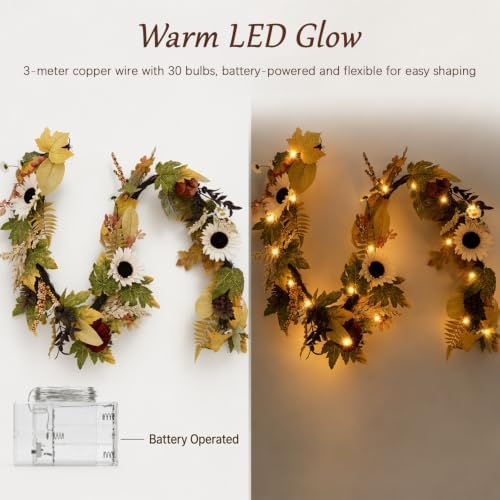 6FT Fall Garland with Lights, Artificial Sunflower Pumpkin Berry Pinecone Daisy Vine, Thanksgiving Autumn Harvest Home Decor for Mantle Porch Table Centerpiece - Image 6