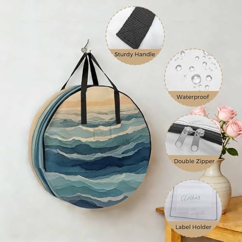 Abstract Ocean Round Storage Bag 36 Inch, Dark Blue Ripple Sunset Minimalist Art Clothes Storage Container with Handles Heavy Duty Organizer for Comforter, Bedding & Holiday Wreaths - Image 5
