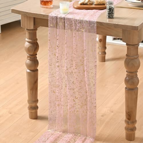 Artoid Mode 6PC Gold Gauze Pink Table Runner 120 Inch 10FT, Glitter Metallic Foil Sheer Dining Wedding Anniversary Holiday Birthday Table Decor for Home Party - Image 5
