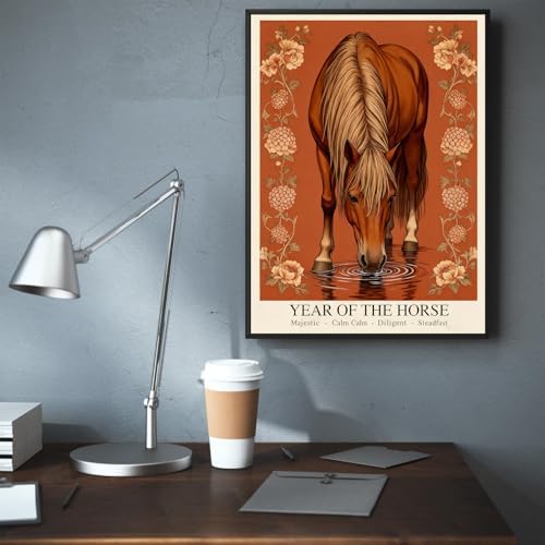 Chinese Lunar Year of the Horse Art Print – Majestic Calm Diligent Steadfast Lunar New Year Poster for Oriental Home Aesthetic Family Wall Decor Prints Canvas Wall Art 12X18 in Black Framed - Image 7