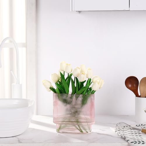 Ribbed Glass Vase, Pink Glass Vase, Fluted Short Vases for Flowers, Modern Vases for Living Room, Dining Room, Bathroom, Desk, Shelf, Wedding, Office, 7 Inches - Image 6