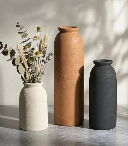 Ceramic Vase Set of 3, Small Flower Rustic Vases Home Table Decor, Modern Farmhouse Neutral Boho Pampas Pottery Vases Decorative for Centerpiece Mantel Entryway Shelf Living Room Kitchen by FancyPlus