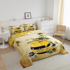 Erosebridal Yellow Bee Bedding Set,Sweet Honey Can Comforter Set for Teens Adult Women,Gerbera Floral Duvet Set 3Pcs with 2 Pillow Cases,Vintage Cartoon Microfiber Down Comforter,Full Size - Image 2