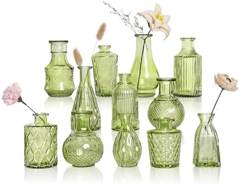 Green Small Bud Vases in Bulk 12, Vintage Embossed Flower Vases for Centerpieces, Boho Glass Vase for Flowers, Decorative Mini Vase for Wedding Decoration Party Baby Shower Home Dining Table by GarDream