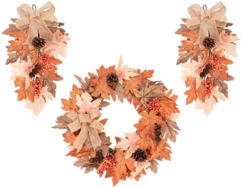 Fall Teardrop Swag Wreath, 3 Pack, 22" Artificial Autumn by Culudea