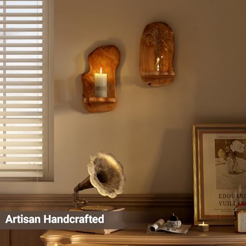 Wooden Wall Sconce Candle Holder, Rustic Wall Decor Set of 2 - Image 3