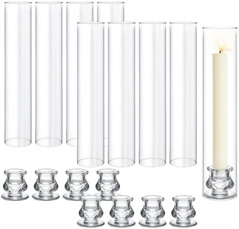 8 Set Clear Glass Hurricane Candle Holders, 12.5" Open Ended Bottomless Windproof Cylinder & 2.1" Taper Candlestick Holders, for Wedding Party Home Hotel Decor by CHICERA
