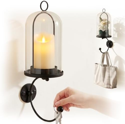 Metal Wall Hurricane Glass Candle Sconce Holder for Pillar Candle & Plant, Modern Farmhouse Decor Candle Lantern with Hand Towel Rack (Black) by Unknown