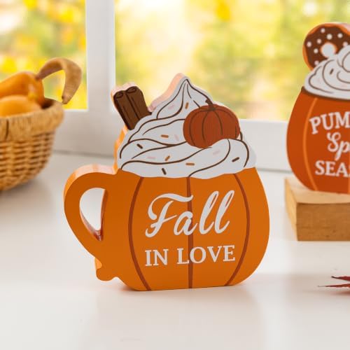 Glitzhome Fall Table Decoration for Home Set of 2 5.25"H Fall Wood Pumpkin Coffee Mug Sign Decor Thanksgiving Table Centerpiece for Autumn Harvest Party Home Kitchen Farmhouse - Image 3
