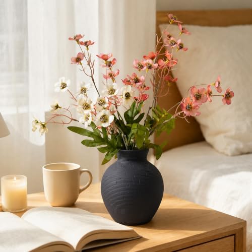 Ceramic Flower Vase Home Decor, 6 in Farmhouse Table Black Vases Rustic Vintage Living Room Kitchen Bedroom Decorations Pottery Decorative Vase for House Book Shelf Office Coffee Desk Dining Fireplace - Image 2