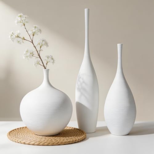 White Ceramic Vase Set of 3, Modern Boho Vases for Centerpiece Decor, Matte Minimalist Decorative White Vases Home Decor, for Living Room, Bookshelf, and Entryway Table Decor by DecoVlog