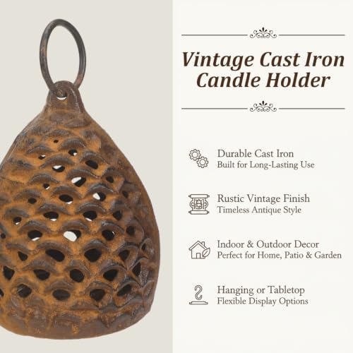 Fumete 2 Pcs Vintage Cast Iron Candle Lantern, Pine Cone, Golden Rust - Image 5