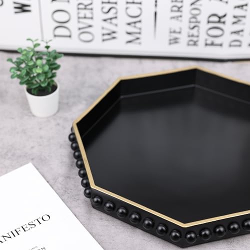 Black Serving Tray for Coffee Table, Octagonal Beaded Plastic Decorative Tray for Ottoman, Kitchen Counter, Living Room, Outdoor Lacquer Tray for Entertaining - Image 5