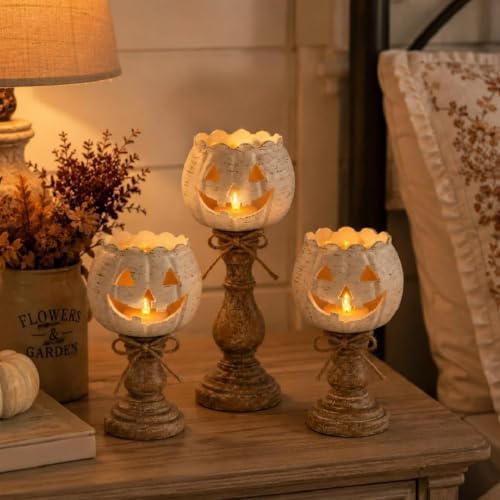 Rustic White Pumpkin Candle Holder Set Fall Decor for Thanksgiving Party - Image 5
