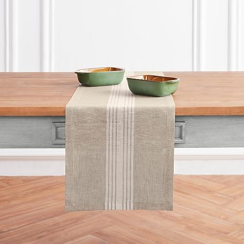 Solino Home 100% Linen Table Runner, 14 x 120 in, White and Natural Striped by SolinoHome