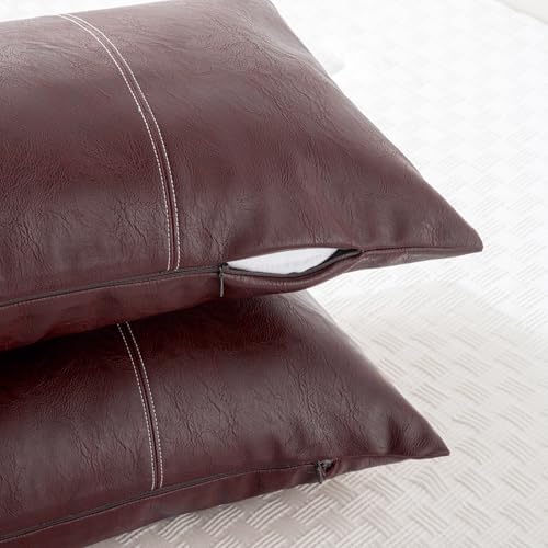 Fancy Homi Burgundy Boho Long Lumbar Faux Leather Decorative Throw Pillow Covers 14x36 Inch for Living Room Couch Bed Sofa, Hand Stitched Rectangle Cushion Case, Rustic Modern Farmhouse Home Decor - Image 3