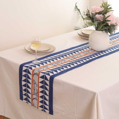 Hand Block Printed Cotton Table Runner, Machine Washable Cotton Runner, Boho Floral Centerpiece Accent for Dining Tables and Buffet Cabinets, 16x70 Inches - Indigo Blue & Orange - Image 2