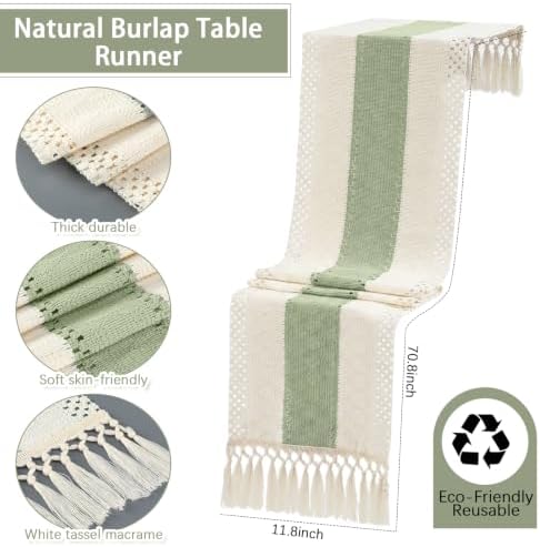 8 Set Boho Placemats with Table Runner, Scalloped Woven, Green - Image 6