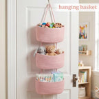 TeoKJ Over the Door Hanging Basket, 3-Tier Woven Cotton Wall-Mounted Storage Organizer Bag Decorative Hanging Nursery Baskets, Pink - Image 4