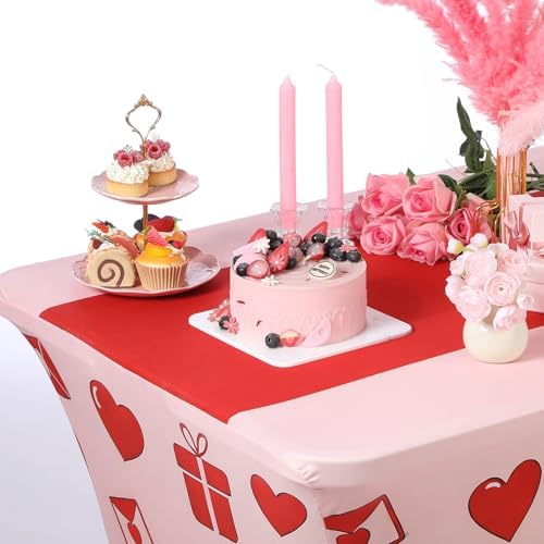 Oudain 2 Pcs Valentine's Day Stretch Table Cover 6 ft Red Heart Tablecloth - Image 3