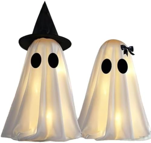 Halloween Lighted Ghost Decorations Set of 2 – Spooky Cute Fabric Ghosts with LED Lamp for Indoor Tabletop, Mantel, Shelf, or DIY Creepy Holiday Displays by Unknown