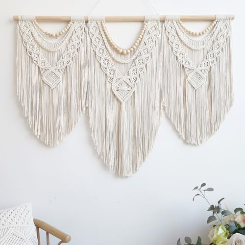 guzhiou large macrame wall hanging - Boho Tapestry Macrame Wall Decor Art- Chic Bohemian Handmade Woven Tapestry Home Decoration for Bedroom Living Room Apartment Wedding Party - 43"x32" (Wood bead) - Image 5