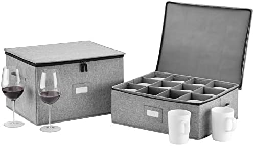 Wine Glass Storage and Cup Storage Case - Set of 2 Stackable Containers with Fully Padded Interior and Outside Hard Shell - 12pcs per Box with Insert Cards for Labelling and Side Handles by Stozu