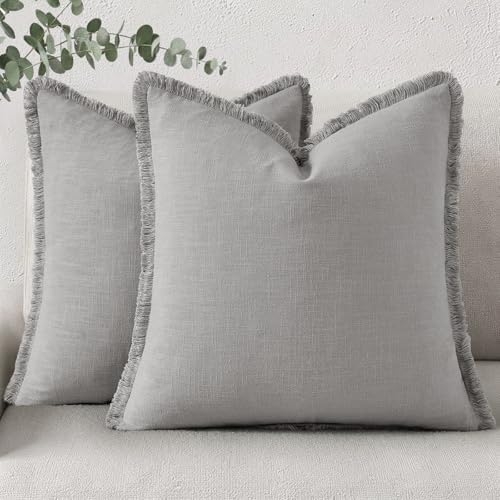 decorUhome Linen Fringe Light Grey Throw Pillow Covers 26x26 Set of 2 by decorUhome