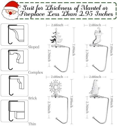 Christmas Stocking Holders for Mantel Set of 4, Non-Slip Adjustable Mantle Stocking Holders, Snowflake Snowman Reindeer Pine Tree Fireplace Stocking Hangers Set for Party Christmas Decorations - Image 6
