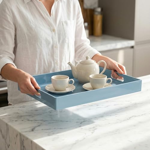 Light Blue Decorative Tray, Rectangular Large Serving Tray with Handles, Plastic Coffee Table Tray for Ottoman, Living Room, Kitchen Tabletop, 15.7” x 11.8” x1.6” - Image 6