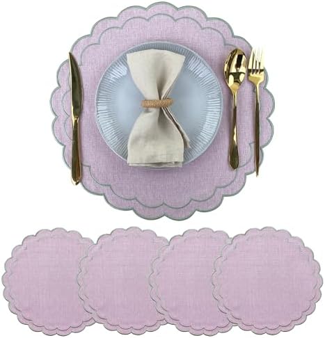 Linen Cotton Placemats Set of 4 Scalloped Flower Embroidery Place Mats 15'' Natural Linen Texture Fabric Machine Washable Table Mats for Restaurant Kitchen,Table Decor(Lilac) by lyssiatina