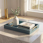 Decorative Serving Tray, Modern Rectangle Wood Tray with Polished Metal Handles, Glossy Finish, 16.5x12 Inch, for Coffee Table, Ottoman (Teal) - Image 5