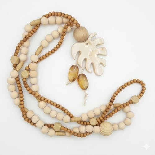 Laju Handmade Tiana - Brazilian Wood Bead Garland with Monstera Leaf - 25" Organic Boho Home Decor & Coffee Table Styling Accessory by Unknown