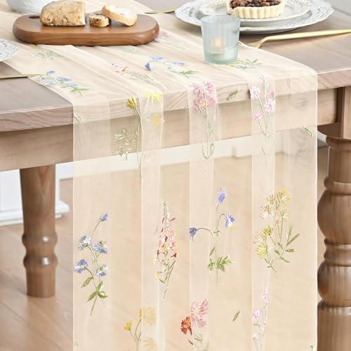 Artoid Mode 6PC Wildflower Floral Beige Apricot Gauze Embroidery Table Runner 120 Inch 10FT, Tulle Seasonal Spring Kitchen Dining Table Decor for Home Party by ArtoidMode