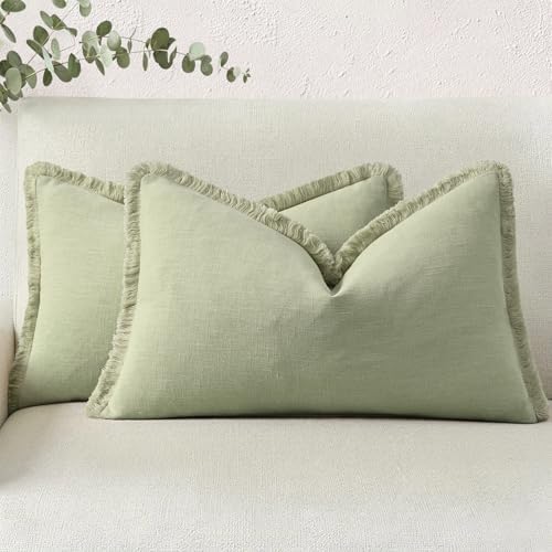 decorUhome Linen Fringe Sage Green Throw Pillow Covers 12x20 Set of 2 by decorUhome