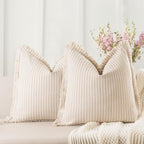 ZWJD Throw Pillow Covers 26x26 Set of 2 Striped Pillow Covers with Fringe Chic Cotton Decorative Pillows Square Cushion Covers for Sofa Couch Bed Living Room Farmhouse Decor, (Khaki) by ZWJD