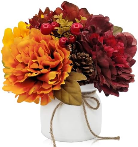 Fall Centerpieces for Tables, Fake Fall Flowers in Vase Orange Fake Peonies for Home Kitchen Fall Floral Arrangement Farmhouse Fall Harvest Thanksgiving Dinner Autumn Decor（Fall Orange Red） by Guagb