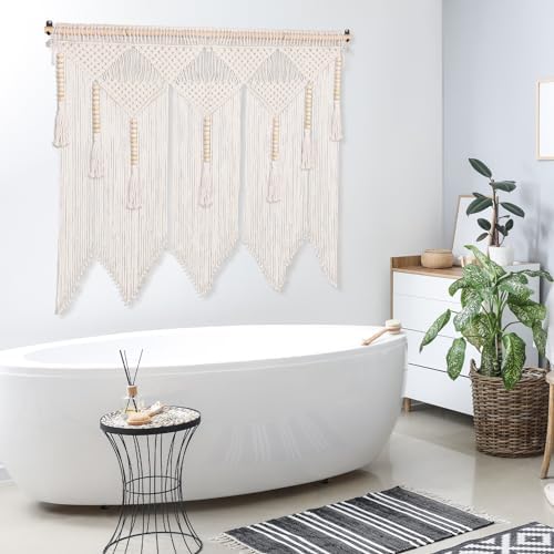 Buryeah 43 x 39 Inch Large Macrame Wall Hanging Boho Tapestry Macrame Wall Decor Cotton Tassel Macrame Curtain Beige Stylish Bohemian Wall Art for Home Living Room Bedroom Dorm Wedding - Image 7