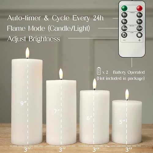 LUSHARBOR Flameless Candles, 4 Pack Battery Operated Candles with Remote, Real Wax LED Fake Candles with Timer Flickering for Christmas Wedding Home Party D3 H 5" 6" 7" 9" White - Image 3