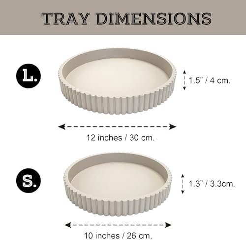 Modern Table Round Decorative Trays 2pcs Home Decor - Circle Coffee Table Centerpiece Set 12"/10" - Wooden Warm Grey Ottoman Tray with Fluted Edge - Image 2