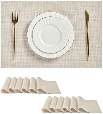 Leetaltree Beige White Placemats Set of 12 - Heat Resistant Non-Slip Place mats for Dining Table, Washable Durable PVC Vinyl Woven Table Mats(Beige White, 12) by Leetaltree-ArtatEveryTable