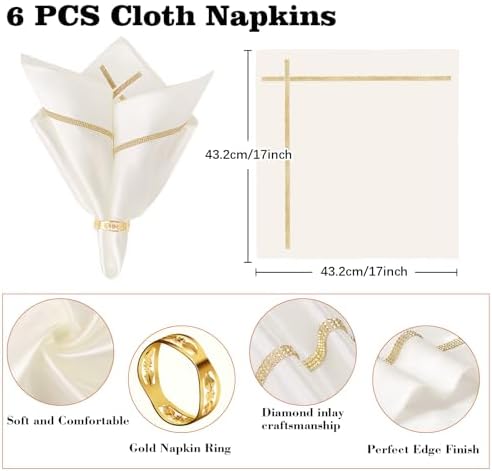 VIJIV 12 Pack Bling Satin Cloth Napkins & Gold Napkin Rings Set of 6 White - Image 4