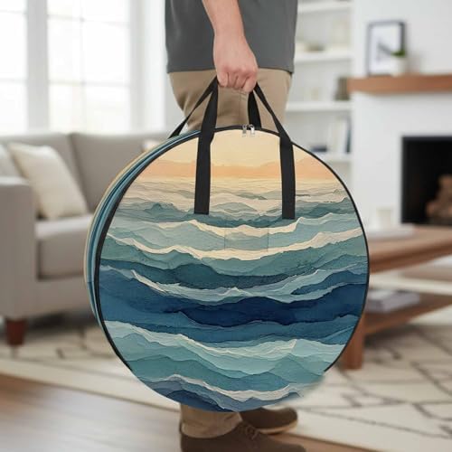 Abstract Ocean Round Storage Bag 36 Inch, Dark Blue Ripple Sunset Minimalist Art Clothes Storage Container with Handles Heavy Duty Organizer for Comforter, Bedding & Holiday Wreaths - Image 2
