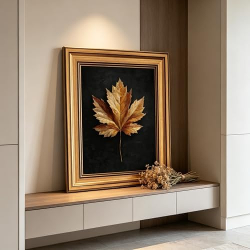 Gold Framed Maple Leaf Canvas Wall Art 3D Texture Dark Plant Maple Leaf painting Decor Picture Moody Yellow Poster Prints for Living Room Classroom Bedroom office corridor bathroom Decoration - Image 4