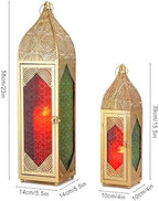 TRIROCKS Set of 2 Moroccan Candle Lanterns 23''&15.5'' H Decorative Candle Holder Hanging Lanterns with Embossed Colored Tempered Glass Ramadan Decorations for Home Outdoor Indoor Patio Weddings(Gold) - Image 4